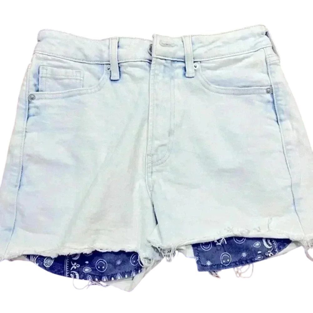 Light Wash Denim Shorts with Bandana Print Peek-a-boo Detail High Waisted F3